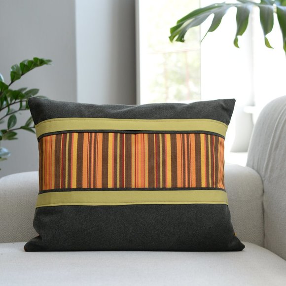 Stripped Orange & Gray, Handmade Decorative Pillow Cover, 14X18 - Picture 5 of 6